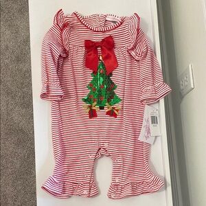 Bonnie Baby Red Striped Baby Romper with Christmas Tree